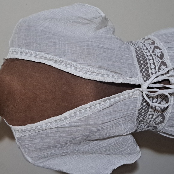 B32 Boho Kimono Swim Coverup OSFM White Tie Front Lace Patchwork Cap Sleeve - Picture 2 of 10